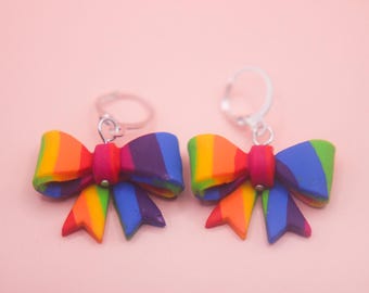 Rainbow Stripe Bow Dangle earrings - polymer clay, handmade jewellery