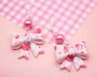 Floral Bow Dangle Earrings - polymer clay, cottagecore style, girlie
