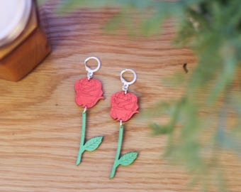 Red Rose Earrings - wood laser engraved, unique jewellery