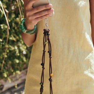 Suede Phone Lanyard, Boho Crossbody Phone Strap, Brown Beaded Mobile Lanyard, Handmade Style Phone Charm, 120cm Gift for Her