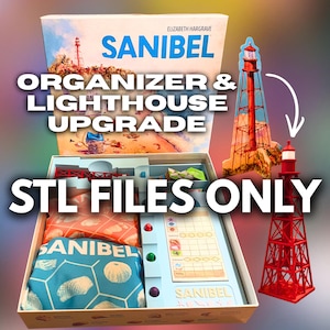 May include: A Sanibel board game organiser and lighthouse upgrade kit featuring STL files only. The set includes a game box with internal compartments, fabric pouches with shell patterns, a score sheet, coloured game tokens, and a red lighthouse.