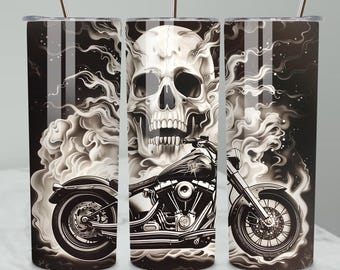 20oz Black and White Skull Motorcycle Tumbler Wrap Design - Straight & Tapered PNG Templates - DIY Graphics for Tumblers - Instant Download