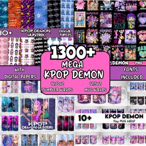 Puede incluir: Imagen promocional que muestra papeles digitales, envolturas para vasos y tazas con temática K-pop. La imagen presenta varios diseños, incluyendo ilustraciones de personajes y texto. El texto incluye "KPOP DEMON" y "1300+ MEGA". Las envolturas para vasos son de 473, 591 ml, y las tazas de 355, 444 ml.