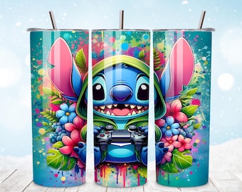3D Stitch Gamer Tumbler Wrap, 20oz Tumbler, Tecknad Tumbler Wrap, Stitch Akvarell Design Png, Tumbler Sublimering, Digital Fil Png