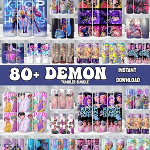 Könnte beinhalten: Eine Sammlung von Edelstahlbechern mit verschiedenen Designs, darunter Anime-Charaktere und der Text "KPOP DEMON HUNTERS". Das Bild zeigt auch den Text "80+ DEMON TUMBLER BUNDLE" und "INSTANT DOWNLOAD".