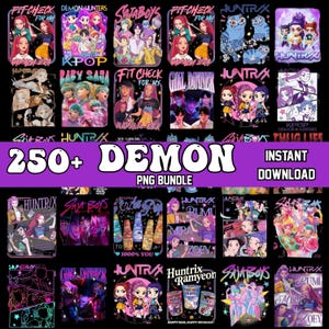 Puede incluir: Una colección de gráficos PNG coloridos con varios diseños, incluyendo temas K-pop, ilustraciones estilo anime y superposiciones de texto. Los diseños muestran una variedad de personajes y texto, con las palabras "250+ DEMON PNG BUNDLE" y "INSTANT DOWNLOAD".
