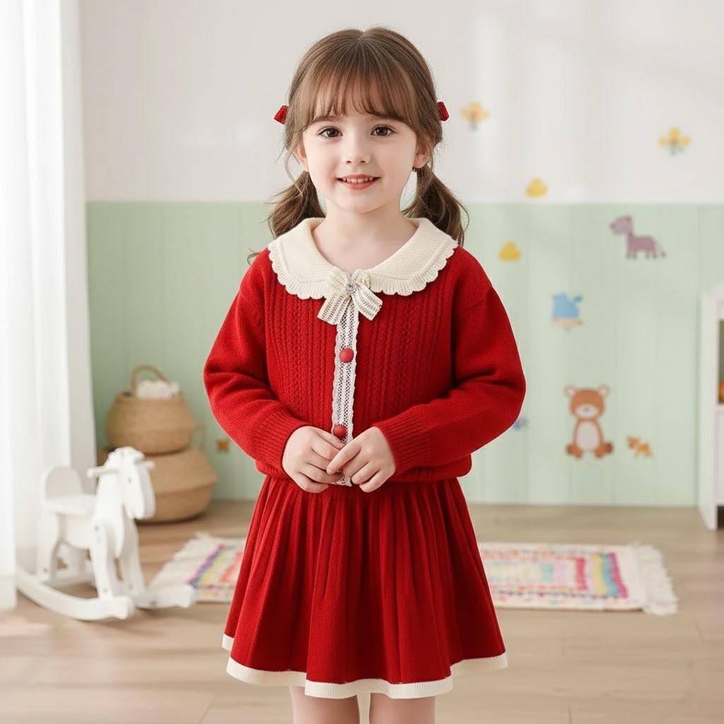 Produktbild von Mädchen Strickpullover-Kleid-Set, Langärmelig, Gestufter Rock, Outfit