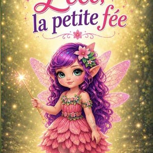 Könnte beinhalten: Ein Buchcover mit dem Titel Lili, la petite fée zeigt eine Fee mit langem violettem Haar, einem rosa blütenblattartigen Kleid und durchscheinenden Flügeln. Die Fee hält einen leuchtenden Zauberstab vor einem goldenen Hintergrund.
