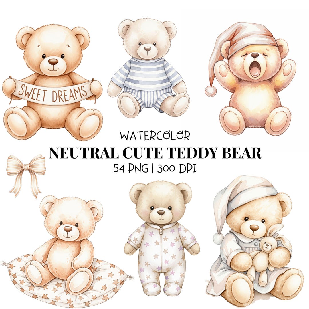 Watercolor Neutral Teddy Bear Clipart: Soft Nursery & Baby Shower ...
