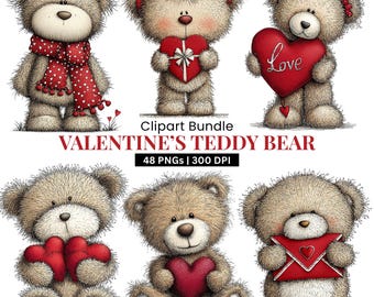 Valentine Teddy Bear Clipart: Whimsical Love Bears (Digital Download 48 PNGs)