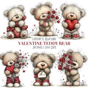 Puede incluir: Seis ilustraciones de osos de peluche con temática de San Valentín. Los osos sostienen corazones, flores y un letrero que dice "Be Mine". Llevan zapatos de lunares y lazos. También se incluye el texto "Clipart Bundle VALENTINE TEDDY BEAR 38 PNG | 300 DPI".