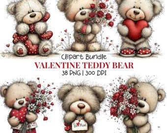 Valentine Teddy Bear Clipart: Romantic Bear Illustrations for Love Projects (Digital Download - 38 PNGs)