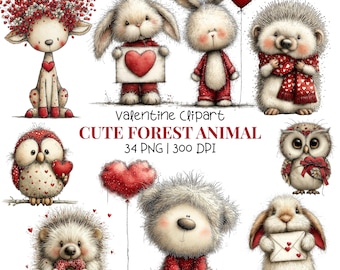 Valentine Forest Animal Clipart: Whimsical Woodland Love Graphics (Digital Download - 34 PNGs)