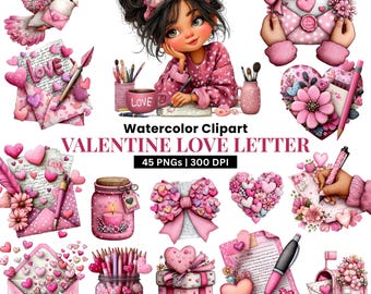 May include: Watercolor clipart featuring Valentine's Day themed illustrations. The image includes a girl, envelopes, hearts, a dove, and other elements in shades of pink. Text on the image reads "VALENTINE LOVE LETTER" and "COMMERCIAL USE CLIPART".