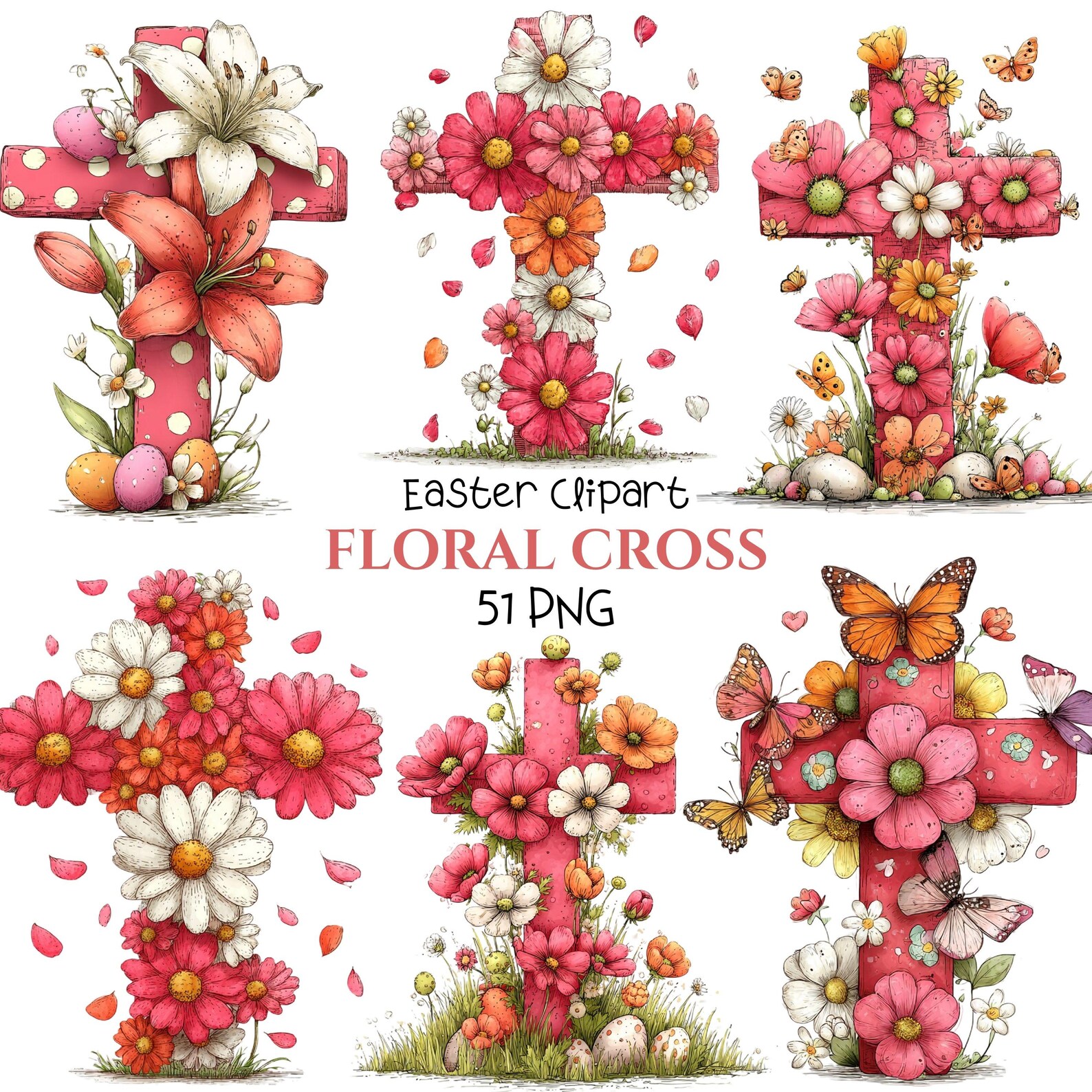 Floral Easter Cross Clipart: Watercolor Christian Spring Graphics ...