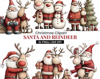 Santa & Reindeer Christmas Clipart: Whimsical Festive Graphics (Digital Download - 51 PNGs)