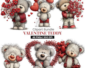 Peut inclure: Ensemble de cliparts de nounours pour la Saint-Valentin. Les ours en peluche gris et bruns tiennent des cœurs, des fleurs et des ballons. Le texte "Clipart Bundle VALENTINE TEDDY" est affiché avec "46 PNGs | 300 DPI".