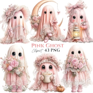 43 PNG-bilder Coquette Pink Ghost Clipart: Romantisk Halloween PNG digital nedladdning