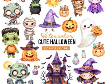 Watercolor Halloween Clipart Bundle | Kawaii Spooky PNGs (Digital Download)