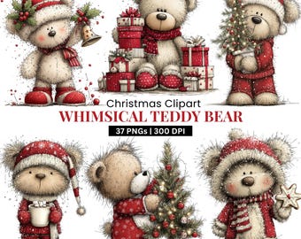 Puede incluir: Un conjunto de imágenes prediseñadas navideñas de osos de peluche caprichosos. Los osos visten trajes festivos rojos y blancos, sosteniendo regalos, campanas y un árbol de Navidad. La imagen incluye el texto "Christmas Clipart" y "Whimsical Teddy Bear".