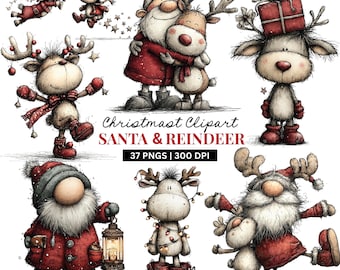 Santa and Reindeer Christmas Clipart: Cozy Winter Characters for Holiday Projects (37 PNGs)
