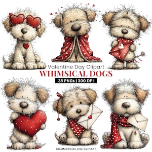 May include: A collection of six whimsical dog illustrations, perfect for Valentine's Day. The dogs are depicted in a cartoon style, with heart-shaped accents, scarves, and envelopes. The text "Valentine Day Clipart" and "Whimsical Dogs" is also present.
