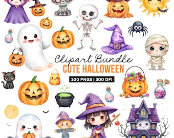 Watercolor Halloween Clipart Bundle | 100 Spooky PNGs (Digital Download