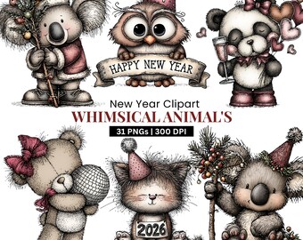 Fantazyjne noworoczne zwierzątka w formie clipart: grafika na świąteczne świętowanie (pobieranie cyfrowe – 31 obrazów PNG)