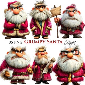 Puede incluir: Una colección de seis ilustraciones digitales de un Santa Claus gruñón con una espesa barba blanca, vistiendo un abrigo rojo con ribete de piel. Los personajes aparecen en varias poses, incluyendo sosteniendo un letrero de madera, un vaso de leche, una galleta y un pergamino, algunos con gafas. Se muestra el texto 35 PNG GRUMPY SANTA Clipart.