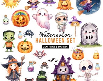 Halloween Clipart Bundle, Watercolor PNG Stickers (Digital Download)