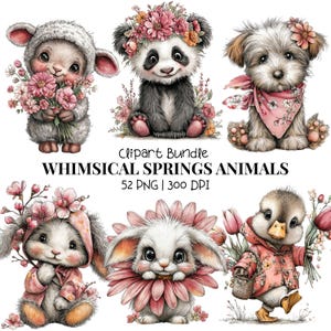 May include: A collection of whimsical spring animal clipart. The image features a lamb, panda, dog, bunny, and duck, each adorned with flowers. The text "Whimsical Springs Animals" is displayed.