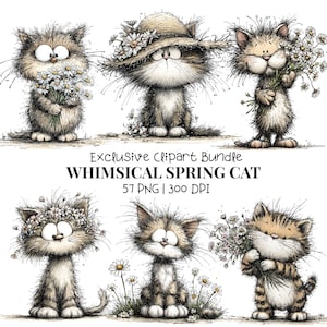 May include: A digital illustration of six cartoon cats with a whimsical spring theme. The cats are shown with daisies and one wears a straw hat. The text reads "Exclusive Clipart Bundle WHIMSICAL SPRING CAT". The image is in a cartoon style.