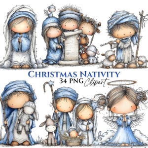 May include: A collection of digital illustrations featuring characters from a Christmas nativity scene, including figures in blue robes, a shepherd with sheep, and an angel with a halo, accompanied by the text CHRISTMAS NATIVITY 34 PNG Clipart.