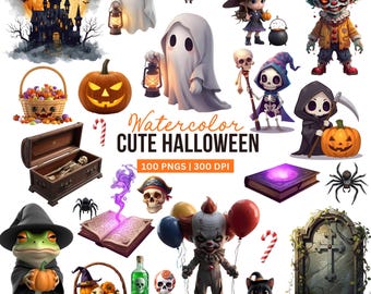 May include: A collection of watercolor Halloween-themed clip art. The image includes ghosts, a witch, a clown, a frog, a bat, a pumpkin, a spider, a skeleton, a black cat, and a tombstone. Text reads "Watercolor Cute Halloween".