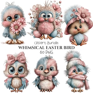Op de afbeelding: Een verzameling van zes grillige paasvogel-clipartafbeeldingen. Elke vogel is afgebeeld in zachte pastelkleuren van roze en blauw, met grote ogen en diverse accessoires zoals bloemen, hoeden en strikken. De tekst "Clipart Bundle WHIMSICAL EASTER BIRD 60 PNG" is ook opgenomen.