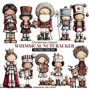 May include: A collection of whimsical Christmas clipart featuring various characters, including a Santa Claus figure, nutcrackers, and other festive figures. The image includes the text "Christmas Clipart" and "Whimsical Nutcracker". The illustrations are in a cartoon style.