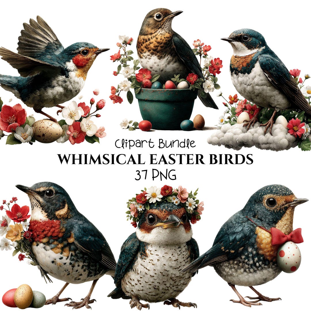 Whimsical Easter Birds Clipart: Spring Floral Bird Graphics (digital ...
