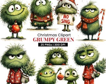 Christmas Grumpy Green Clipart: Whimsical Holiday Creatures (Digital Download - 25 PNGs)