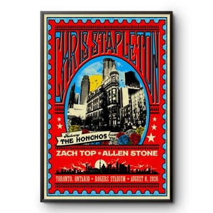 May include: A rectangular concert poster with a red background and blue postage stamp border. It features the text CHRIS STAPLETON, FEATURING THE HONCHOS, ZACH TOP & ALLEN STONE, TORONTO, ONTARIO, ROGERS STADIUM, AUGUST 6, 2026, and a city skyline.