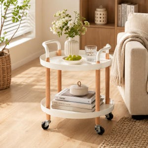 2-Tier Rolling Utility Cart, White Plastic Wood Storage Trolley with Wheels