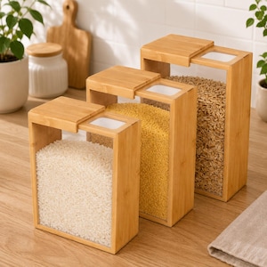 Set of 3 Bamboo Wood Cereal Storage Containers, Clear Grain Pantry Organizer