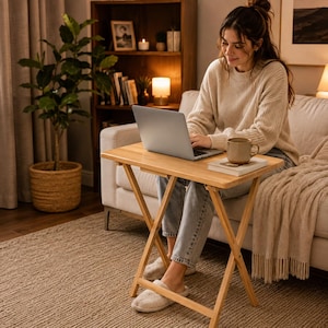 May include: A light-coloured wooden folding tray table with a rectangular top and X-shaped legs. The table is positioned in front of a sofa and holds a silver laptop, a ceramic mug, and a book. The structure is made of smooth, natural wood.