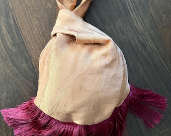 Handmade Fringe Wrist Bag – Japanese Knot – Shimmering Fabric, Sculptural Shape, Boho Evening Accessory