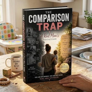 May include: A hardback book, "The Comparison Trap: A Real Mom's Survival Guide", is displayed on a wooden table. The cover shows a woman and child, with text including "You are not behind, you are not alone, you are enough."