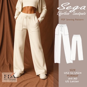 Könnte beinhalten: Cremefarbene Sweatpants mit Kordelzug in der Taille und Vordertaschen. Das Bild enthält auch ein PDF-Schnittmuster für die "Sega Effortless Sweatpants". Das Schnittmuster bietet Größen von US2 bis US24. Format A4/A0 und US Letter.