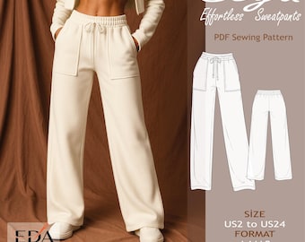 Patrón de costura para pantalones deportivos de pierna ancha / Joggers de corte holgado (patrón PDF, talla 2-24 de EE. UU.)