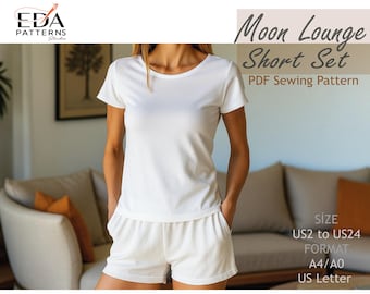 Patrón de costura para ropa de estar en casa / Conjunto de camiseta y pantalones cortos para mujer (PDF) / Patrón de costura para ropa de dormir / Ropa de dormir para principiantes / Pijama