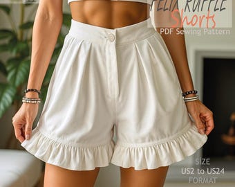 Patrón de costura en PDF para pantalones cortos con volantes / Pantalones cortos de verano de cintura alta para mujer (Descarga digital)