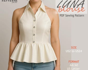 Patrón de costura para blusa peplum con cuello halter / Top Luna (patrón PDF)