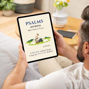 May include: A tablet showing the cover of a "Psalms Journal" for Bible study and prayer. The cover has an illustration of a shepherd with sheep. Text includes "A 150-Day Guided Study Using the P.S.A.L.M. Method."
